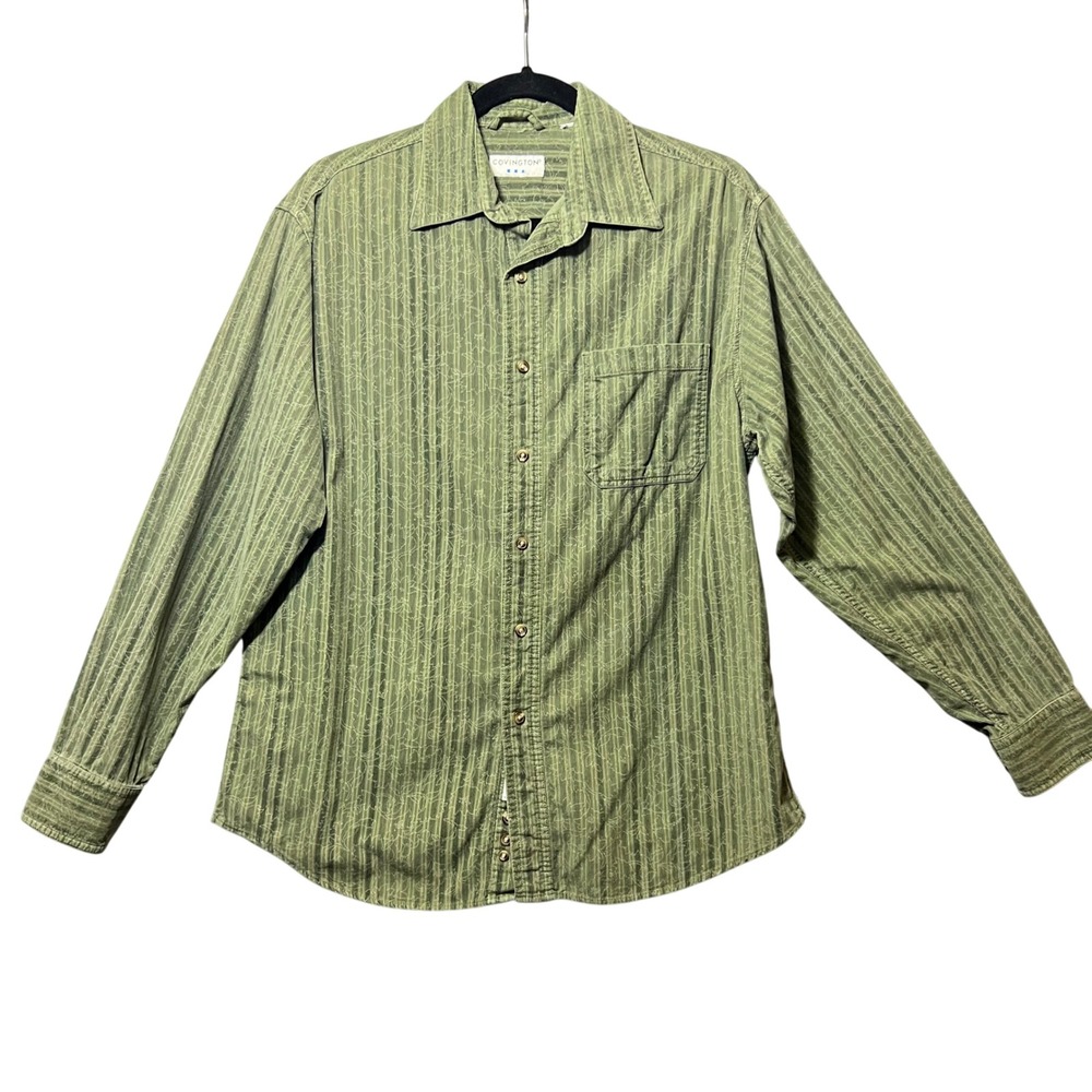Covington Mens Green Striped Button Up Shirt Long Sleeve Relaxed‎ Boxy Fit Y2K